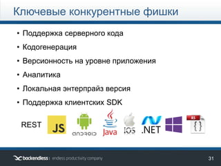 34
• Поддержка серверного кода
• Кодогенерация
• Версионность на уровне приложения
• Аналитика
• Локальная энтерпрайз версия
• Поддержка клиентских SDK
REST
Ключевые конкурентные фишки
 