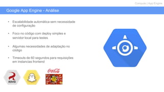 Google App Engine - Análise
Compute | App Engine
• Escalabilidade automática sem necessidade
de configuração
• Foco no código com deploy simples e
servidor local para testes
• Algumas necessidades de adaptação no
código
• Timeouts de 60 segundos para requisições
em instancias frontend
 