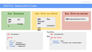 RESTFul - Status & Error Codes
Api | RESTFul
2xx Sucesso
200 OK
201
Create
d
4xx Erro no client 5xx Erro no server
400 Bad
Request
401
Unauthori
zed
403
Fordidde
n
404 Not
Found
GET /cliente/99
404 Not Found
{
"status": 404,
"message": "cliente não encontrado"
}
500 Internal Server Error
GET /cliente/1
200 OK
{
"id": 1,
"nome": "Fulano",
"cpf": "99999999999",
"cidade": "Campinas"
}
 