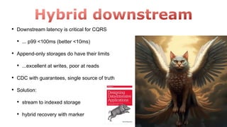 • Downstream latency is critical for CQRS
• ... p99 <100ms (better <10ms)
• Append-only storages do have their limits
• ...excellent at writes, poor at reads
• CDC with guarantees, single source of truth
• Solution:
• stream to indexed storage
• hybrid recovery with marker
 
