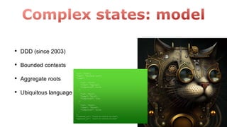 • DDD (since 2003)
• Bounded contexts
• Aggregate roots
• Ubiquitous language
{
"id": "1234",
"name": "Grocery List",
"items": [
{
"id": "5678",
"name": "Apples",
"completed": false
},
{
"id": "9012",
"name": "Milk",
"completed": true
},
{
"id": "3456",
"name": "Bread",
"completed": false
}
],
"created_at": "2023-04-25T10:00:00Z",
"updated_at": "2023-04-25T13:30:00Z"
}
 