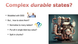 • Modelled with DDD
• But... how to store them?
• Normalise to many tables?
• Put all in single blob key-value?
• Split in chunks?
 