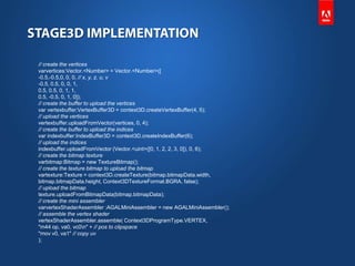 // create the vertices
varvertices:Vector.<Number> = Vector.<Number>([
-0.5,-0.5,0, 0, 0, // x, y, z, u, v
-0.5, 0.5, 0, 0, 1,
0.5, 0.5, 0, 1, 1,
0.5, -0.5, 0, 1, 0]);
// create the buffer to upload the vertices
var vertexbuffer:VertexBuffer3D = context3D.createVertexBuffer(4, 5);
// upload the vertices
vertexbuffer.uploadFromVector(vertices, 0, 4);
// create the buffer to upload the indices
var indexbuffer:IndexBuffer3D = context3D.createIndexBuffer(6);
// upload the indices
indexbuffer.uploadFromVector (Vector.<uint>([0, 1, 2, 2, 3, 0]), 0, 6);
// create the bitmap texture
varbitmap:Bitmap = new TextureBitmap();
// create the texture bitmap to upload the bitmap
vartexture:Texture = context3D.createTexture(bitmap.bitmapData.width,
bitmap.bitmapData.height, Context3DTextureFormat.BGRA, false);
// upload the bitmap
texture.uploadFromBitmapData(bitmap.bitmapData);
// create the mini assembler
varvertexShaderAssembler :AGALMiniAssembler = new AGALMiniAssembler();
// assemble the vertex shader
vertexShaderAssembler.assemble( Context3DProgramType.VERTEX,
"m44 op, va0, vc0n" + // pos to clipspace
"mov v0, va1" // copy uv
);
 