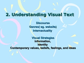2.  Understanding Visual Text Discourse Genres( eg. website) Internactuality  Visual Strategies information,  Identity  Contemporary values, beliefs, feelings, and ideas 