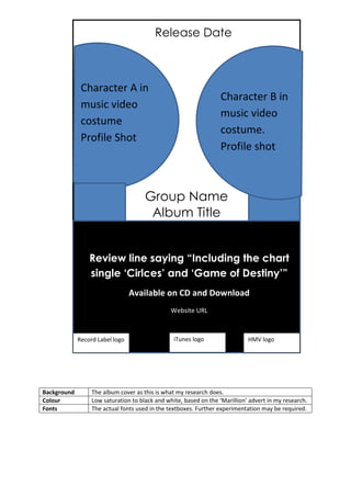 Release Date



              Character A in
                                                                   Character B in
              music video
                                                                   music video
              costume
                                                                   costume.
              Profile Shot
                                                                   Profile shot



                                      Group Name
                                       Album Title


                 Review line saying “Including the chart
                 single ‘Cirlces’ and ‘Game of Destiny’”
                                 Available on CD and Download
                                                Website URL



             Record Label logo                   iTunes logo                 HMV logo




Background        The album cover as this is what my research does.
Colour            Low saturation to black and white, based on the ‘Marillion’ advert in my research.
Fonts             The actual fonts used in the textboxes. Further experimentation may be required.
 
