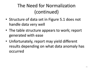 15
The Need for Normalization
(continued)
• Structure of data set in Figure 5.1 does not
handle data very well
• The table structure appears to work; report
generated with ease
• Unfortunately, report may yield different
results depending on what data anomaly has
occurred
 
