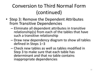 32
Conversion to Third Normal Form
(continued)
• Step 3: Remove the Dependent Attributes
from Transitive Dependencies
– Eliminate all dependent attributes in transitive
relationship(s) from each of the tables that have
such a transitive relationship
– Draw new dependency diagram to show all tables
defined in Steps 1–3
– Check new tables as well as tables modified in
Step 3 to make sure that each table has
determinant and that no table contains
inappropriate dependencies
 