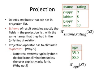 Projection
sname rating
yuppy 9
lubber 8
guppy 5
rusty 10
sname rating
S
,
( )2
age
35.0
55.5
age S( )2
• Deletes attributes that are not in
projection list.
• Schema of result contains exactly the
fields in the projection list, with the
same names that they had in the
(only) input relation.
• Projection operator has to eliminate
duplicates! (Why??)
– Note: real systems typically don’t
do duplicate elimination unless
the user explicitly asks for it.
(Why not?)
 