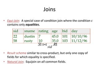 Joins
• Equi-Join: A special case of condition join where the condition c
contains only equalities.
• Result schema similar to cross-product, but only one copy of
fields for which equality is specified.
• Natural Join: Equijoin on all common fields.
sid sname rating age bid day
22 dustin 7 45.0 101 10/10/96
58 rusty 10 35.0 103 11/12/96
S R
sid
1 1
 
