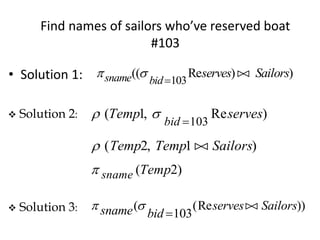 Find names of sailors who’ve reserved boat
#103
• Solution 1:  sname bid
serves Sailors(( Re ) )
103

 Solution 2:  ( , Re )Temp serves
bid
1
103
 ( , )Temp Temp Sailors2 1
 sname Temp( )2
 Solution 3:  sname bid
serves Sailors( (Re ))
103

 