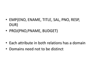 • EMP(ENO, ENAME, TITLE, SAL, PNO, RESP,
DUR)
• PROJ(PNO,PNAME, BUDGET)
• Each attribute in both relations has a domain
• Domains need not to be distinct
 