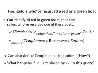 Find sailors who’ve reserved a red or a green boat
• Can identify all red or green boats, then find
sailors who’ve reserved one of these boats:
 ( ,(
' ' ' '
))Tempboats
color red color green
Boats
  
 sname Tempboats serves Sailors( Re ) 
 Can also define Tempboats using union! (How?)
 What happens if is replaced by in this query? 
 