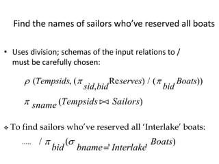 Find the names of sailors who’ve reserved all boats
• Uses division; schemas of the input relations to /
must be carefully chosen:
  ( , (
,
Re ) / ( ))Tempsids
sid bid
serves
bid
Boats
 sname Tempsids Sailors( )
 To find sailors who’ve reserved all ‘Interlake’ boats:
/ (
' '
) 
bid bname Interlake
Boats

.....
 