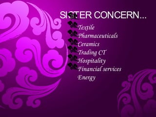 SISTER CONCERN...
Textile
Pharmaceuticals
Ceramics
Trading CT
Hospitality
Financial services
Energy
 