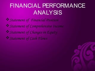 FINANCIAL PERFORMANCE
ANALYSIS
Statement of Financial Position
Statement of Comprehensive Income
Statement of Changes in Equity
Statement of Cash Flows
 