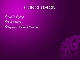 CONCLUSION
Roll Playing
Objectives
Reasons Behind Success
 