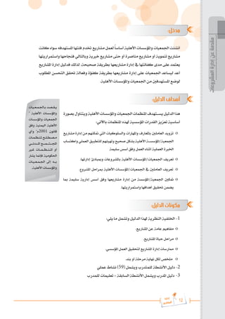 12
‫رة‬‫دا‬‫إ‬
‫يع‬‫شار‬‫لم‬‫ا‬
:‫مدخل‬
‫كانت‬ ‫سواء‬ ‫املستهدفه‬ ‫فئتها‬ ‫ختدم‬ ‫مشاريع‬ ‫لعمل‬ً‫ا‬‫أساس‬ ‫األهلية‬ ‫واملؤسسات‬ ‫اجلمعيات‬ ‫أنشئت‬
‫واستمراريتها‬ ‫فنجاحها‬ ‫وبالتالي‬ ‫خريية‬ ‫مشاريع‬ ‫حتى‬ ‫أو‬ ‫مناصرة‬ ‫مشاريع‬ ‫أو‬ ‫تنموية‬ ‫مشاريع‬
‫املشاريع‬ ‫إدارة‬ ‫فدليل‬ ‫لذلك‬ ،‫صحيحة‬ ‫بطريقة‬ ‫مشاريعها‬ ‫إدارة‬ ‫يف‬ ‫كفائتها‬ ‫مدى‬ ‫على‬ ‫يعتمد‬
‫املطلوب‬ ‫التحسن‬ ‫حتقق‬ ‫وفعالة‬ ‫كفؤة‬ ‫بطريقة‬ ‫مشاريعها‬ ‫إدارة‬ ‫على‬ ‫اجلمعيات‬ ‫ليساعد‬ ‫أعد‬
.‫األهلية‬ ‫واملؤسسات‬ ‫اجلمعيات‬ ‫من‬ ‫املستهدفني‬ ‫لوضع‬
:‫الدليل‬ ‫أهداف‬
‫بصورة‬‫ويتناول‬‫األهلية‬‫واملؤسسات‬‫اجلمعيات‬‫املنظمات‬‫يس���تهدف‬‫الدليل‬‫هذا‬
:‫باآلتي‬ ‫املنظمات‬ ‫هلذه‬ ‫املؤسسية‬ ‫القدرات‬ ‫تعزيز‬ ‫أساسية‬
‫مشاريع‬‫إدارة‬‫من‬‫متكنهم‬ ‫اليت‬ ‫والسلوكيات‬ ‫واملهارات‬ ‫باملعارف‬ ‫العاملني‬ ‫تزويد‬ o
‫واكتساب‬‫العملي‬‫للتطبيق‬‫وتهيئهم‬‫صحيح‬‫بشكل‬‫األهلية‬‫���ة‬�‫املؤسس‬/‫اجلمعية‬
‫سليمة‬ ‫أسس‬ ‫وفق‬ ‫العمل‬ ‫أثناء‬ ‫العملية‬ ‫اخلربة‬
.‫إدارتها‬ ‫ومببادئ‬ ‫باملشروعات‬ ‫األهلية‬ ‫املؤسسات‬/‫اجلمعيات‬ ‫تعريف‬ 	o
.‫املشروع‬ ‫مبراحل‬ ‫األهلية‬ ‫املؤسسات‬/‫اجلمعيات‬ ‫يف‬ ‫العاملني‬ ‫تعريف‬ o
‫مبا‬ ‫سليمة‬ ‫إدارية‬ ‫أسس‬ ‫وفق‬ ‫مشاريعها‬ ‫إدارة‬ ‫من‬ ‫املؤسسة‬/‫اجلمعية‬ ‫متكني‬ 	o
.‫واستمراريتها‬ ‫أهدافها‬ ‫حتقيق‬ ‫يضمن‬
:‫الدليل‬ ‫مكونات‬
:‫يلي‬ ‫ما‬ ‫وتشمل‬ ‫الدليل‬ ‫هلذا‬ ‫النظرية‬ ‫اخللفية‬ -1
.‫املشاريع‬ ‫عن‬ ‫عامة‬ ‫مفاهيم‬ 	o
.‫املشاريع‬ ‫حياة‬ ‫مراحل‬ 	o
.‫املؤسسي‬ ‫العمل‬ ‫لتحقيق‬ ‫املشاريع‬ ‫إدارة‬ ‫ممارسات‬ 	o
.‫بند‬ ‫أو‬ ‫مرحلة‬ ‫نهاية‬ ‫لكل‬ ‫ملخص‬ 	o
‫عملي‬ ‫نشاط‬ )59( ‫ويشمل‬ ‫للمتدرب‬ ‫األنشطة‬ ‫دليل‬ -2
‫للمدرب‬ ‫تعليمات‬ + ‫السابقة‬ ‫األنشطة‬ ‫ويشمل‬ ‫املدرب‬ ‫دليل‬ -3
‫�ات‬�‫�ي‬�‫�ع‬�‫�م‬�‫�اجل‬�‫ب‬ ‫�د‬�‫�ص‬�‫�ق‬�‫ي‬
" ‫األهلية‬ ‫واملؤسسات‬
‫واملؤسسات‬ ‫اجلمعيات‬
‫وفق‬ ‫اليمنية‬ ‫األهلية‬
‫وأي‬ "‫م‬2001 ‫قانون‬
‫�ات‬�‫�م‬�‫�ظ‬�‫�ن‬�‫مل‬ ‫�ح‬�‫�ل‬�‫�ط‬�‫�ص‬�‫م‬
‫����ي‬�‫����دن‬�‫امل‬ ‫����ع‬�‫����م‬�‫����ت‬�‫اجمل‬
‫غ�ير‬ ‫��ات‬�‫��م‬�‫��ظ‬�‫��ن‬�‫امل‬ ‫أو‬
‫يشار‬ ‫فإمنا‬ ‫احلكومية‬
‫�ات‬�‫�ي‬�‫�ع‬�‫�م‬�‫اجل‬ ‫إىل‬ ‫���ه‬�‫ب‬
.‫األهلية‬ ‫واملؤسسات‬
‫المشروعات‬
‫إدارة‬
‫عن‬
‫مقدمة‬
 