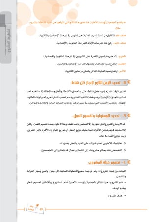 49
‫ة‬‫ر‬‫دا‬‫إ‬
‫ع‬‫ي‬‫ر‬‫شا‬‫م‬‫ال‬
.‫املشروع‬ ‫نشاطات‬ ‫تنفيذ‬ ‫من‬ ‫تتوقعها‬ ‫اليت‬ ‫للنتائج‬ ‫تصورها‬ ‫هنا‬ ‫األهلية‬ ‫املؤسسة‬/‫اجلمعية‬ ‫وتضع‬ *
:‫مثال‬
.‫الثانوية‬ ‫و‬ ‫اإلعدادية‬ ‫املرحلة‬ ‫يف‬ ‫املدارس‬ ‫من‬ ‫الفتيات‬ ‫تسرب‬ ‫نسبة‬ ‫من‬ ‫التقليل‬ :‫عام‬ ‫هدف‬
.‫اإلعدادية‬ ‫و‬ ‫الثانوية‬ ‫للمرحلة‬ ‫اإلناث‬ ‫املدرسات‬ ‫عدد‬ ‫رفع‬ :‫خاص‬ ‫هدف‬
. ‫واإلعدادية‬ ‫الثانوية‬ ‫املرحلة‬ ‫يف‬ ‫التدريس‬ ‫على‬ ‫القدرة‬ ‫لديهن‬ ‫مدرسة‬ 20 :‫املخرج‬
.‫والثانوية‬ ‫اإلعدادية‬ ‫الدراسة‬ ‫بفصول‬ ‫امللتحقات‬ ‫نسبة‬ ‫ارتفاع‬ :‫العائــــد‬
.‫الثانوية‬ ‫دراستهن‬ ‫يكملن‬ ‫الالتي‬ ‫الفتيات‬ ‫نسبة‬ ‫ارتفاع‬ :‫األثــــر‬
:‫نشاط‬ ‫كل‬ ‫إلنجاز‬ ‫الالزم‬ ‫الزمن‬ ‫تحديد‬ -8
‫أحد‬ ‫استخدم‬ ‫املختلفة؟‬ ‫جات‬َ
‫خر‬ُ‫مل‬‫وا‬ ‫األنشطة‬ ‫ستحصل‬ ‫متى‬ ،‫نشاط‬ ‫كل‬ ‫إلنهاء‬ ‫الالزم‬ ‫الوقت‬ ‫تقدير‬
‫املطلوب‬‫والوقت‬،‫له‬‫احلرج‬‫املسار‬‫حتديد‬‫مع‬،‫للمشروع‬‫التنفيذ‬‫خطة‬‫لوضع‬‫الزمنية‬‫اجلدولة‬‫أساليب‬
.‫واملتزامن‬ ‫والالحق‬ ‫السابق‬ ‫النشاط‬ ‫وحتديد‬ ‫الوقت‬ ‫نفس‬ ‫يف‬ ‫ستنفذ‬ ‫اليت‬ ‫األنشطة‬ ‫وحتديد‬ ،‫إلنهائه‬
:‫العمل‬ ‫وتقسيم‬ ‫المسئولية‬ ‫تحديد‬ -9
‫ولكن‬ ،‫للعمل‬ ‫تقسيم‬ ‫بصدد‬ ‫تكون‬ ‫ال‬ ‫وهنا‬ ،‫فقط‬ ‫واحد‬ ‫لشخص‬ ‫إال‬ ‫به‬ ‫تقوم‬ ‫الذي‬ ‫املشروع‬ ‫حيتاج‬ ‫ال‬ ‫قد‬
.‫املشروع‬ ‫داخل‬ ‫األفراد‬ ‫بني‬ ‫املهام‬ ‫توزيع‬ ‫أي‬ ‫العمل‬ ‫توزيع‬ ‫عليك‬ ‫فهنا‬ ،‫األفراد‬ ‫من‬ ‫جملموعة‬ ‫احتجت‬ ‫إذا‬
:‫حالة‬ ‫يف‬ ‫العمل‬ ‫توزيع‬ ‫ويتم‬
.‫مبفردك‬ ‫بالعمل‬ ‫القيام‬ ‫على‬ ‫قدرتك‬ ‫لعدم‬ ‫لآلخرين‬ ‫احتياجك‬ 	§
.‫املتخصصني‬ ‫إىل‬ ‫حتتاج‬ ‫قد‬ ‫وأعمال‬ ‫أنشطة‬ ‫إىل‬ ‫مشروعك‬ ‫حيتاج‬ ‫فقد‬ ‫التخصص‬ 	§
	:‫المشروع‬ ‫خطة‬ ‫تصميم‬ -10
‫القراءة‬ ‫وسهل‬ ‫واضح‬ ‫جدول‬ ‫إىل‬ ‫السابقة‬ ‫اخلطوات‬ ‫مجيع‬ ‫ترمجة‬ ‫يتم‬ ‫أن‬ ‫املشروع‬ ‫خطة‬ ‫من‬ ‫اهلدف‬
:‫وتتضمن‬
‫شعار‬ ‫تصميم‬ ‫وباإلمكان‬ ‫للمشروع‬ ‫اسم‬ ‫األهلية‬ ‫املؤسسة‬/‫اجلمعية‬ ‫تبتكر‬ ‫حيث‬ :‫املشروع‬ ‫اسم‬ •
.‫اهلدف‬ ‫خيدم‬
.‫املشروع‬ ‫هدف‬ 	
•
‫المشروع‬
‫تخطيط‬
 