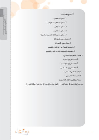 71
‫ة‬‫ر‬‫دا‬‫إ‬
‫ع‬‫ي‬‫ر‬‫شا‬‫م‬‫ال‬
‫المشروع‬
‫تخطيط‬
:‫املعلومات‬ ‫مجع‬ .2
‫كمية‬ ‫معلومات‬ )1
)‫(نوعية‬ ‫كيفية‬ ‫معلومات‬ )2
‫أولية‬ ‫معلومات‬ )3
‫ثانوية‬ ‫معلومات‬ )4
)‫(أساسية‬ ‫قاعدية‬ ‫وبيانات‬ ‫معلومات‬ )5
‫املعلومات‬ ‫مجع‬ ‫مصادر‬ .b
‫املعلومات‬ ‫مجع‬ ‫طرق‬ .c
‫والتقييم‬ ‫الرقابة‬ ‫عن‬ ‫املسئول‬ ‫حتديد‬ .3
‫والتقييم‬ ‫الرقابة‬ ‫وميزانية‬ ‫وقت‬ ‫حتديد‬ .4
:‫املشروع‬ ‫استمرارية‬ ‫ضمان‬ -
‫املالية‬ ‫االستمرارية‬ -1
‫املؤسسية‬ ‫االستمرارية‬ -2
‫السياسية‬ ‫االستمرارية‬ -3
‫للتخطيط‬ ‫املنطقي‬ ‫اإلطار‬ -
‫التشاركي‬ ‫التخطيط‬ -
‫التخطيط‬ ‫أثناء‬ ‫املشروع‬ ‫استدامة‬ -
)‫املشروع‬ ‫(خطة‬ ‫هي‬ ‫املرحلة‬ ‫هذه‬ ‫خمرجات‬ ‫وتكون‬ ‫املشروع‬ ‫ملف‬ ‫يف‬ ‫تؤرشف‬ ‫أن‬ ‫وجيب‬
 