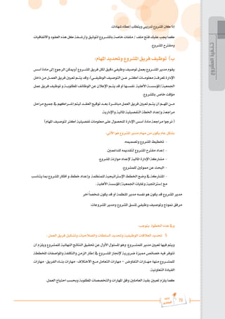 76
‫رة‬‫دا‬‫إ‬
‫يع‬‫شار‬‫لم‬‫ا‬
.‫شهادات‬‫إعطاء‬‫ويتطلب‬‫تدرييب‬‫املشروع‬‫كان‬‫إذا‬
‫واالتفاقيات‬‫العقود‬‫هذه‬‫كل‬‫وأرش���فة‬‫لتوثيق‬‫باملش���روع‬‫خاصة‬‫ملفات‬/‫ملف‬‫فتح‬‫عليك‬‫جيب‬‫كما‬
.‫املشروع‬ ‫ومقرتح‬
:‫املهام‬ ‫وحتديد‬ ‫املشروع‬ ‫فريق‬ ‫توظيف‬ )‫ب‬
‫أسس‬‫مادة‬‫إىل‬‫الرجوع‬‫(وميكن‬‫املش���روع‬‫فريق‬‫لكل‬‫دقيق‬‫وظيفي‬‫توصيف‬‫بعمل‬‫املش���روع‬‫مدير‬‫يقوم‬
‫داخل‬‫من‬‫العم���ل‬‫فريق‬‫تعيني‬‫يت���م‬‫وقد‬،)‫الوظيف���ي‬‫التوصيف‬‫ع���ن‬‫أكث���ر‬‫معلوم���ات‬‫ملعرف���ة‬‫اإلدارة‬
‫عمل‬‫فريق‬‫توظيف‬‫و‬‫املطلوب���ة‬‫الوظائف‬‫عن‬‫اإلعالن‬‫يت���م‬‫قد‬‫أو‬‫نفس���ها‬ ‫األهلية‬‫املؤسس���ة‬/‫اجلمعية‬
.‫باملشروع‬ ‫خاص‬ ‫مؤقت‬
‫مراحل‬‫مجيع‬‫يف‬‫إش���راكهم‬‫ليتم‬‫العق���د‬‫توقيع‬‫بع���د‬‫مباش���رة‬‫العمل‬‫فريق‬‫تعيني‬‫يت���م‬‫أن‬‫امله���م‬‫م���ن‬
.‫واإلدارية‬ ‫املالية‬ ‫التفصيلية‬ ‫اخلطة‬ ‫وإعداد‬ ‫مراجعة‬
)‫املهام‬ ‫لتوصيف‬ ‫أكثر‬ ‫تفصيلية‬ ‫معلومات‬ ‫على‬ ‫للحصول‬ ‫اإلدارة‬ ‫أسس‬ ‫مادة‬ ‫مراجعة‬ ‫نرجوا‬ (
:‫اآلتي‬ ‫هو‬ ‫املشروع‬ ‫مدير‬ ‫مهام‬ ‫من‬ ‫يكون‬ ‫عام‬ ‫بشكل‬
.‫وتصميمه‬ ‫املشروع‬ ‫ختطيط‬ -
.‫للداعمني‬ ‫لتقدميه‬ ‫املشروع‬ ‫مقرتح‬ ‫إعداد‬ -
.‫املشروع‬ ‫موازنة‬ ‫إلعداد‬ ‫املالية‬ ‫اإلدارة‬ ‫مشاركة‬ -
.‫للمشروع‬ ‫ممولني‬ ‫عن‬ ‫البحث‬ -
‫يتناسب‬‫مبا‬‫املشروع‬‫أفكار‬‫و‬‫خطط‬‫وإعداد‬ ‫للمنظمة‬‫اإلسرتاتيجية‬‫اخلطط‬‫وضع‬‫يف‬‫املشاركة‬ -
. ‫األهلية‬ ‫املؤسسة‬/‫اجلمعية‬ ‫وغايات‬ ‫إسرتاجتية‬ ‫مع‬
‫آخر‬ً‫ا‬‫شخص‬ ‫يكون‬ ‫قد‬ ‫أو‬ ‫املنظمة‬ ‫مدير‬ ‫نفسه‬ ‫هو‬ ‫يكون‬ ‫قد‬ ‫املشروع‬ ‫مدير‬
.‫املشروعات‬ ‫ومدير‬ ‫املشروع‬ ‫ملنسق‬ ‫وظيفي‬ ‫وتوصيف‬ ‫منوذج‬ ‫مرفق‬
:‫يتوجب‬ ‫اخلطوة‬ ‫هذه‬ ‫ويف‬
: ‫العمل‬ ‫فريق‬ ‫وتشكيل‬ ‫والصالحيات‬ ‫السلطات‬ ‫وحتديد‬ ‫الوظيفية‬ ‫العالقات‬ ‫حتديد‬ §
‫أن‬ ‫ويلزم‬ ‫للمشروع‬‫النهائية‬ ‫النتائج‬‫حتقيق‬ ‫عن‬ ‫األول‬ ‫املسئول‬ ‫وهو‬ :‫للمش���روع‬ ‫مدير‬ ‫تعيني‬ ‫فيها‬ ‫ويتم‬
‫املخططة‬ ‫واملواصفات‬ ‫والتكلفة‬ ‫الزمن‬ ‫إطار‬ ‫يف‬ ‫املش���روع‬ ‫إلجناز‬ ‫ضرورية‬ ‫مميزة‬ ‫خصائص‬ ‫فيه‬ ‫تتوفر‬
‫مهارات‬ -‫الفريق‬ ‫بن���اء‬ ‫مهارات‬ -‫االختالف‬ ‫م���ع‬ ‫التعامل‬ ‫مهارات‬ – ‫التفاوض‬ ‫مه���ارات‬ :‫منها‬ ‫للمش���روع‬
.‫التعاونية‬ ‫القيادة‬
.‫العمل‬ ‫احتياج‬ ‫وحبسب‬ ‫املطلوبة‬ ‫والتخصصات‬ ‫املهارات‬ ‫وفق‬ ‫العاملني‬ ‫بقية‬ ‫تعيني‬ ‫يلزم‬ ‫كما‬
‫المشروع‬
‫تـنـفيذ‬
 