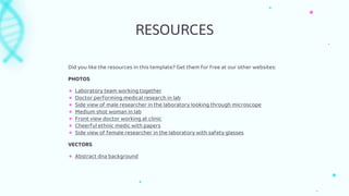 RESOURCES
Did you like the resources in this template? Get them for free at our other websites:
PHOTOS
● Laboratory team working together
● Doctor performing medical research in lab
● Side view of male researcher in the laboratory looking through microscope
● Medium shot woman in lab
● Front view doctor working at clinic
● Cheerful ethnic medic with papers
● Side view of female researcher in the laboratory with safety glasses
VECTORS
● Abstract dna background
 