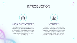 CONTEXT
INTRODUCTION
Provide context and emphasize the
importance of addressing the identified
challenge. Discuss existing knowledge or
approaches, emphasizing the gaps or
limitations that hinder progress and
drive the need for innovative solutions
Clearly state the specific problem or
challenge in the medical field. Emphasize
its significance and impact, highlighting
gaps or limitations in current knowledge
or approaches that motivate the need
for a breakthrough
PROBLEM STATEMENT
 