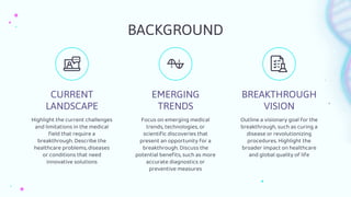 BACKGROUND
CURRENT
LANDSCAPE
EMERGING
TRENDS
Highlight the current challenges
and limitations in the medical
field that require a
breakthrough. Describe the
healthcare problems, diseases
or conditions that need
innovative solutions
Focus on emerging medical
trends, technologies, or
scientific discoveries that
present an opportunity for a
breakthrough. Discuss the
potential benefits, such as more
accurate diagnostics or
preventive measures
Outline a visionary goal for the
breakthrough, such as curing a
disease or revolutionizing
procedures. Highlight the
broader impact on healthcare
and global quality of life
BREAKTHROUGH
VISION
 