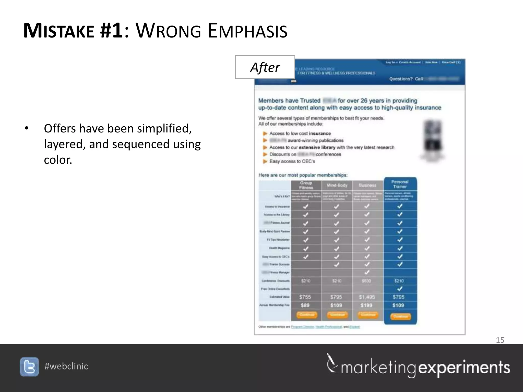 MISTAKE #1: WRONG EMPHASIS
                                       After



•   Offers have been simplified,
    layered, and sequenced using
    color.




                                                15

                                   #webclinic
 