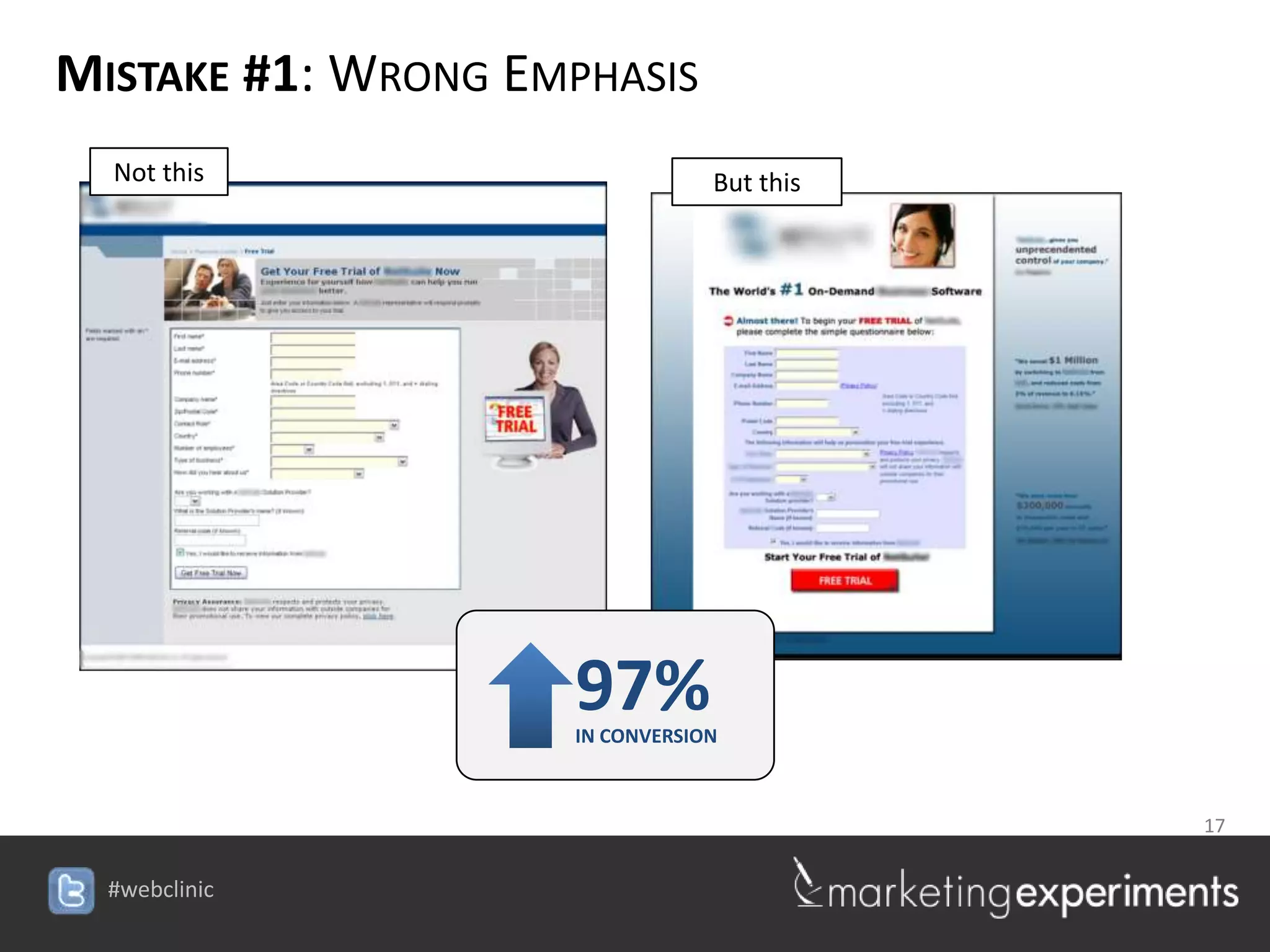 MISTAKE #1: WRONG EMPHASIS
  Not this                       But this




                     97%
                     IN CONVERSION



                                            17

                    #webclinic
 