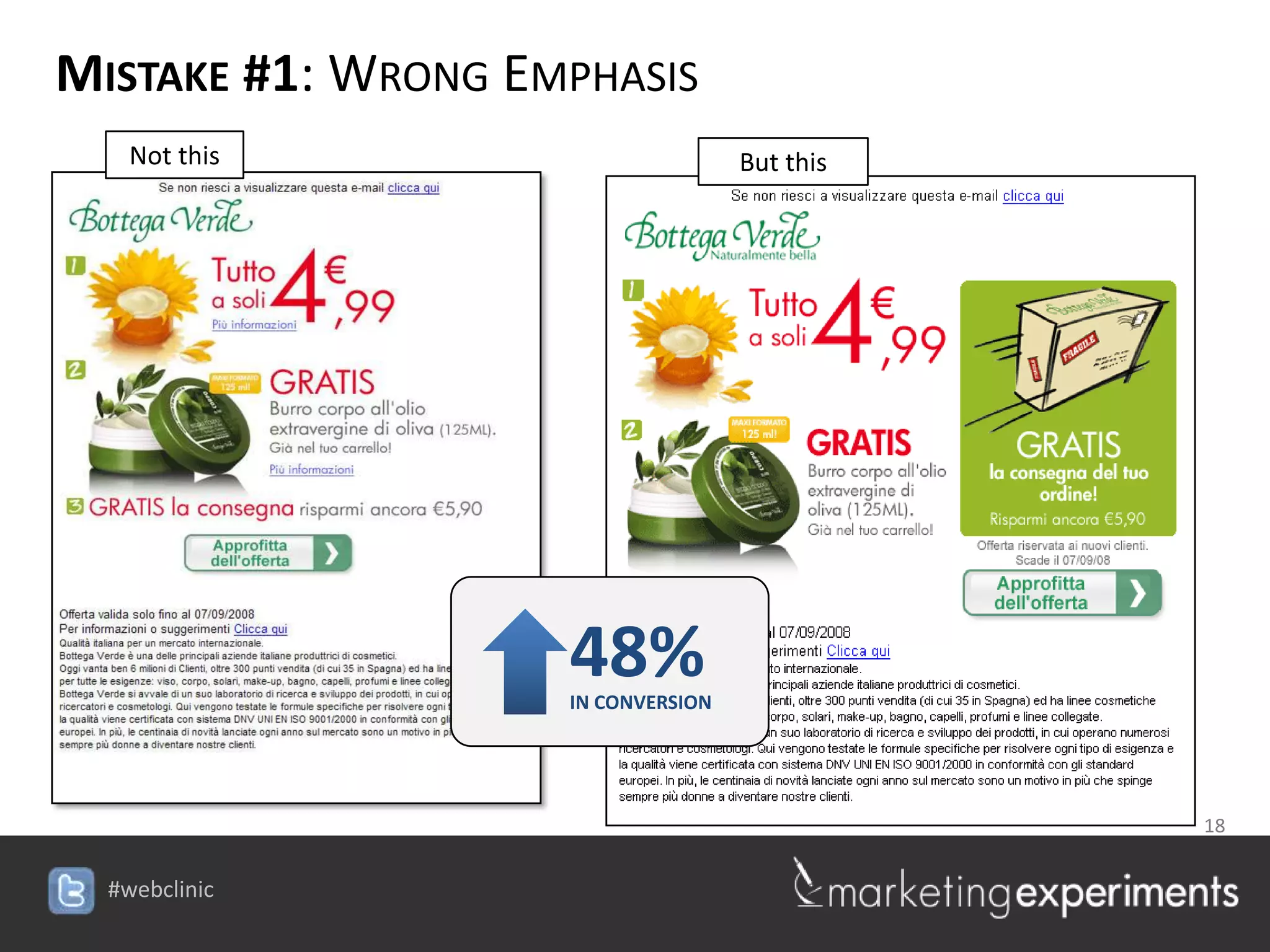 MISTAKE #1: WRONG EMPHASIS
   Not this                          But this




                     48%
                     IN CONVERSION




                                                18

                    #webclinic
 