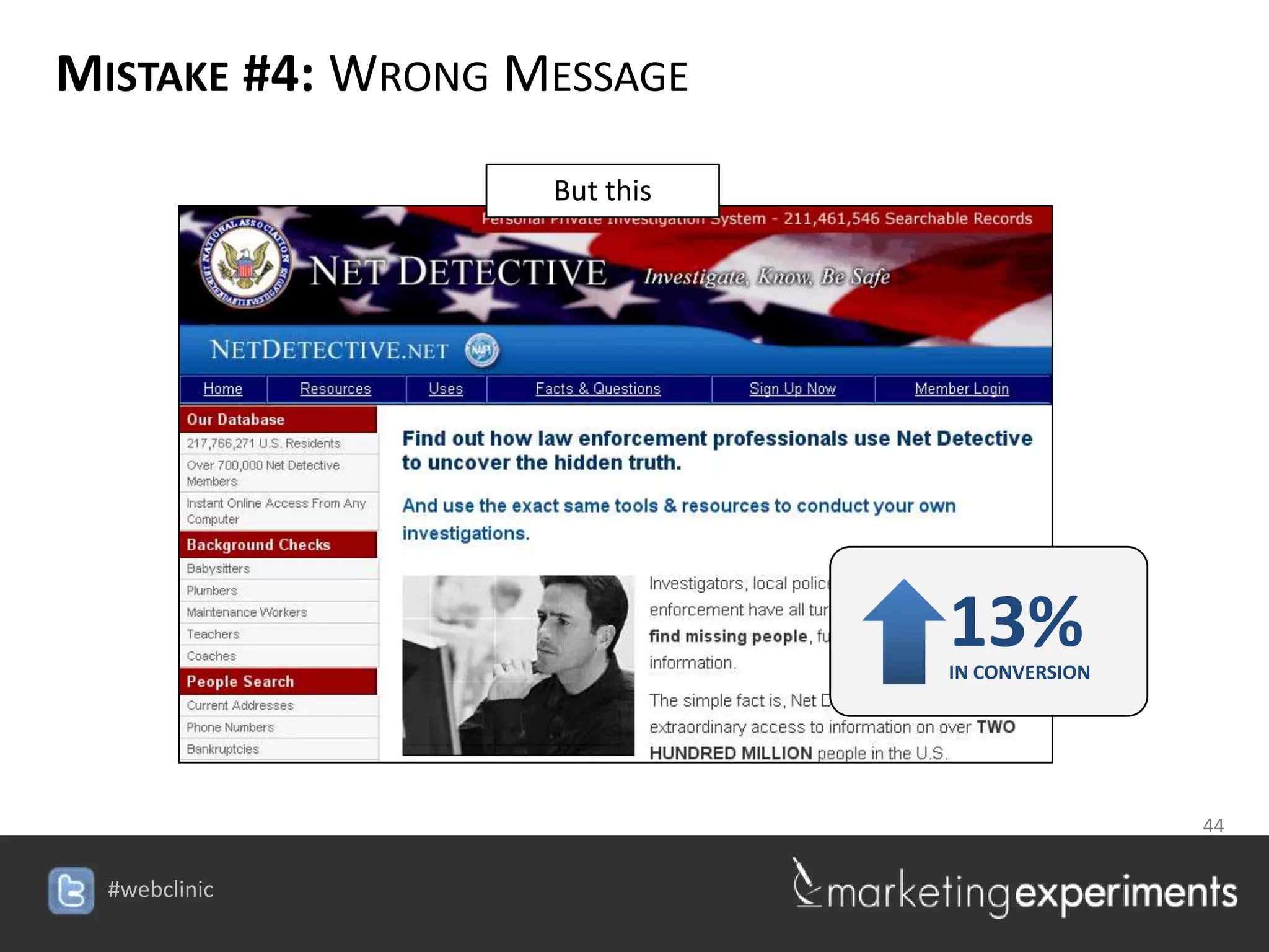 MISTAKE #4: WRONG MESSAGE
                   But this




                                13%
                                IN CONVERSION




                                44

                   #webclinic
 