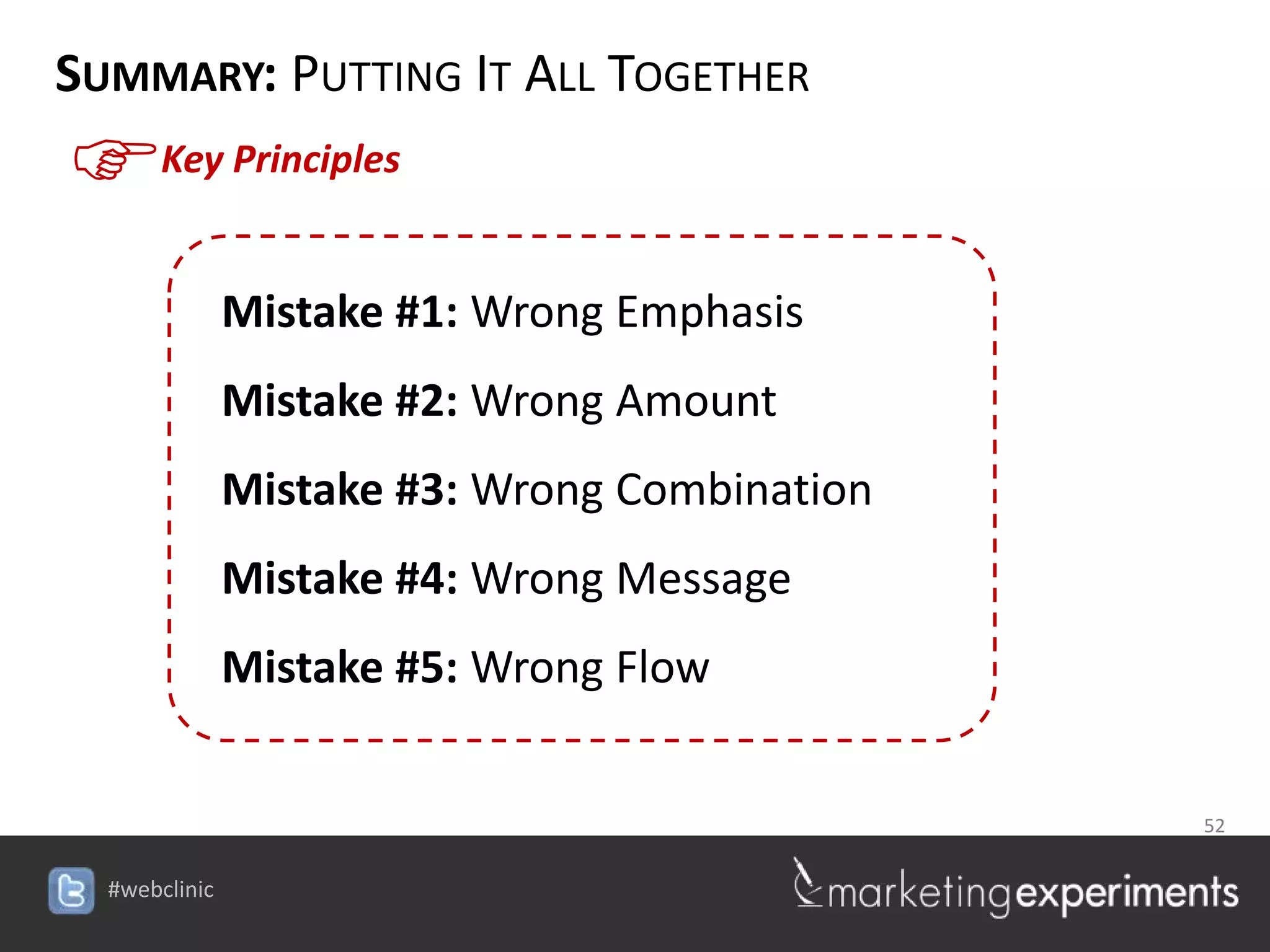 SUMMARY: PUTTING IT ALL TOGETHER
F   Key Principles


       Mistake #1: Wrong Emphasis
       Mistake #2: Wrong Amount
       Mistake #3: Wrong Combination
       Mistake #4: Wrong Message
       Mistake #5: Wrong Flow

                                       52

                      #webclinic
 