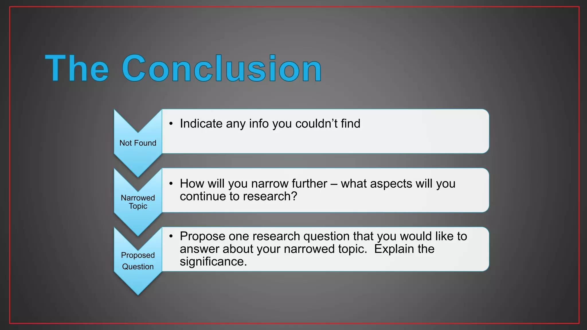 Not Found
• Indicate any info you couldn’t find
Narrowed
Topic
• How will you narrow further – what aspects will you
continue to research?
Proposed
Question
• Propose one research question that you would like to
answer about your narrowed topic. Explain the
significance.
 