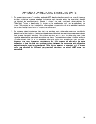 APPENDIX ON REGIONAL STATISCIAL UNITS
1. To serve the purpose of compiling regional GRP, local units of corporations, even if they are
   ancillary units that produce services for internal uses by units within the enterprise, should
   be treated as establishments. Figure 1 shows the new treatment recommended in
   SNA2008. Output of local units, for instance the headquarter unit, can be calculated by
   costs. This output is then imputed as intermediate consumption of other establishments in
   the enterprise by their shares of output or employment.

2. To properly collect production data for local ancillary units, data collectors must be able to
   identify the enterprise and their off-spring establishments as well as ancillary establishments
   that provide them with services. Since these services are not sold, but internally used, they
   must be allocated by some indicators that use them. The most appropriate indicator is share
   of value added, but if it is not available, share of output and employment can be used.
   However the most important requirement for this process of allocation by data
   collectors is that the link by a coding system between the enterprise and off-spring
   establishments must be established. This linking system is required only if these
   units are situated in different geographical locations for which GRP must be
   compiled.




                                                                                               13
 