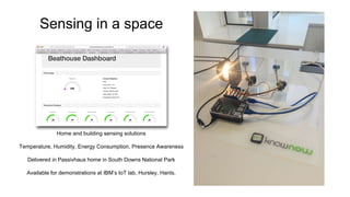 Sensing in a space
Home and building sensing solutions
Temperature, Humidity, Energy Consumption, Presence Awareness
Delivered in Passivhaus home in South Downs National Park
Available for demonstrations at IBM’s IoT lab, Hursley, Hants.
 
