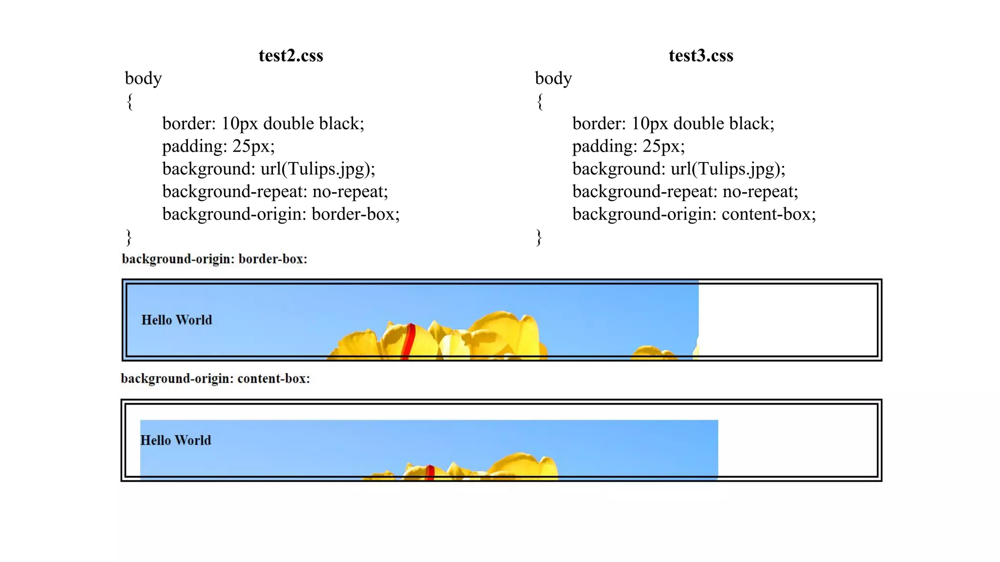 test3.css
body
{
border: 10px double black;
padding: 25px;
background: url(Tulips.jpg);
background-repeat: no-repeat;
background-origin: content-box;
}
test2.css
body
{
border: 10px double black;
padding: 25px;
background: url(Tulips.jpg);
background-repeat: no-repeat;
background-origin: border-box;
}
 