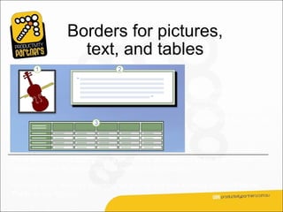 Borders for pictures,
                    text, and tables

                                                          The methods for
                                                          adding borders vary
                                                          depending on what
                                                          you’re adding a border
                                                          to.



For a picture, Word 2007 offers a whole new set of picture styles that include
borders as well as effects such as reflections and shading.

You find these styles by selecting the picture and then working with the Picture
Tools on the Ribbon.
 