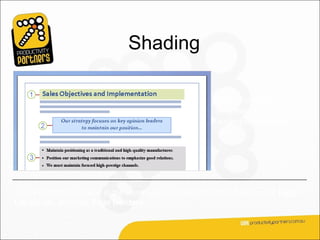Shading

                                                        Use shading to
                                                        emphasize text. These
                                                        examples give an
                                                        idea.




You find shading options in the same place as border options: Start on the Page
Layout tab, and click Page Borders.
 