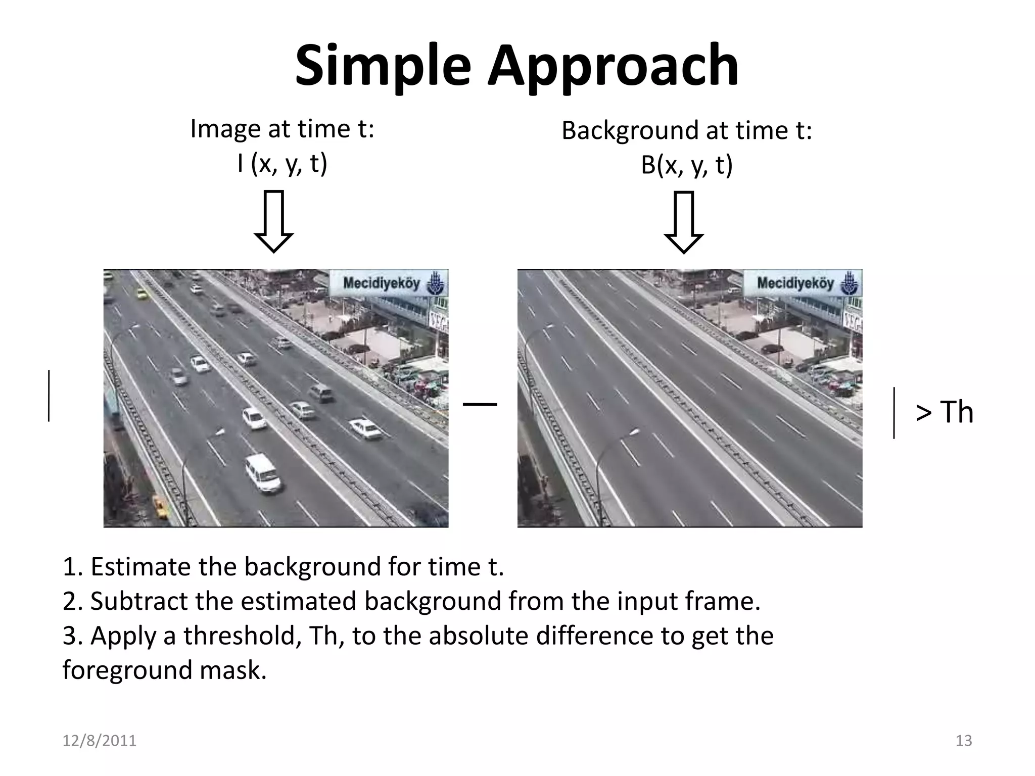 Simple Approach
            Image at time t:                Background at time t:
               I (x, y, t)                        B(x, y, t)




                                                                    > Th



1. Estimate the background for time t.
2. Subtract the estimated background from the input frame.
3. Apply a threshold, Th, to the absolute difference to get the
foreground mask.

12/8/2011                                                             13
 
