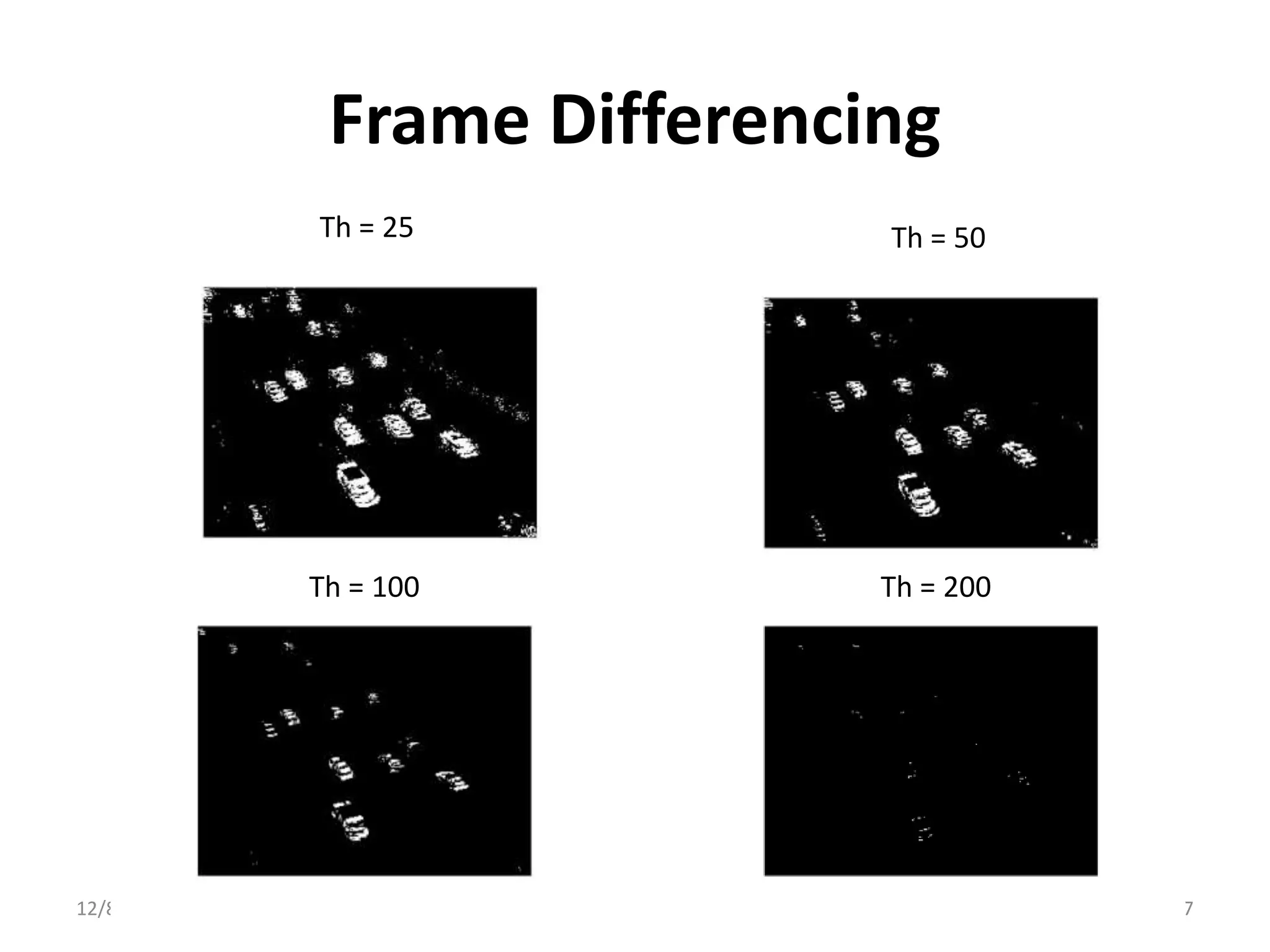 Frame Differencing
            Th = 25          Th = 50




            Th = 100         Th = 200




12/8/2011                               17
 