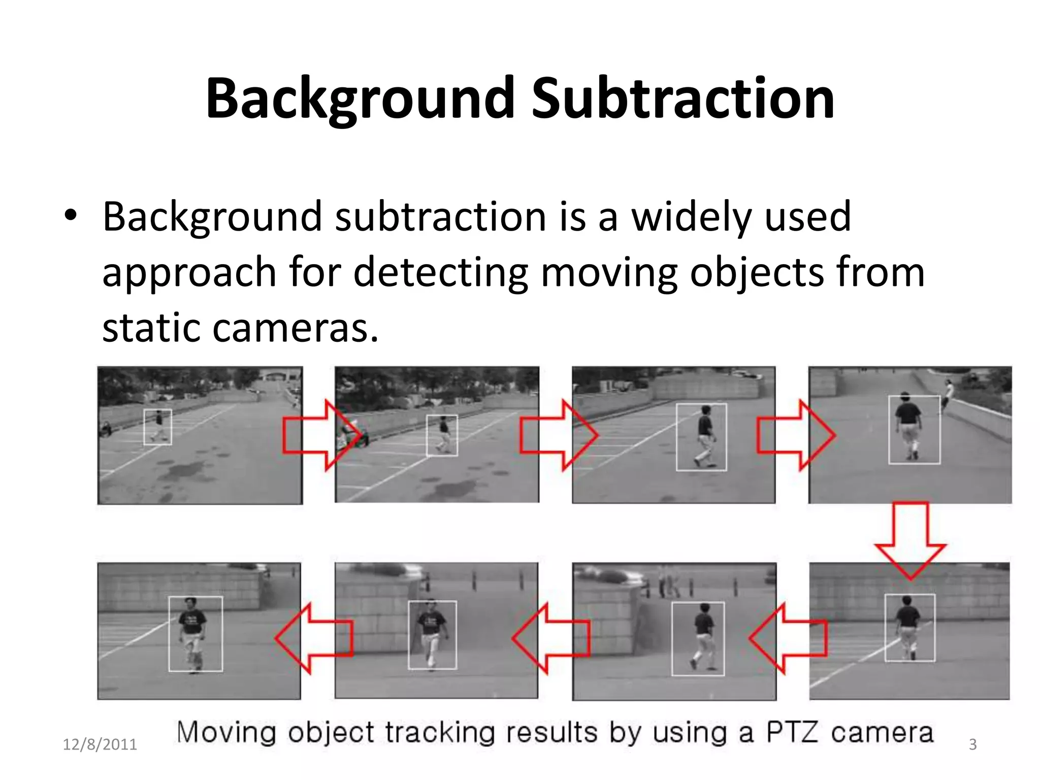 Background Subtraction
• Background subtraction is a widely used
  approach for detecting moving objects from
  static cameras.




12/8/2011                                      3
 
