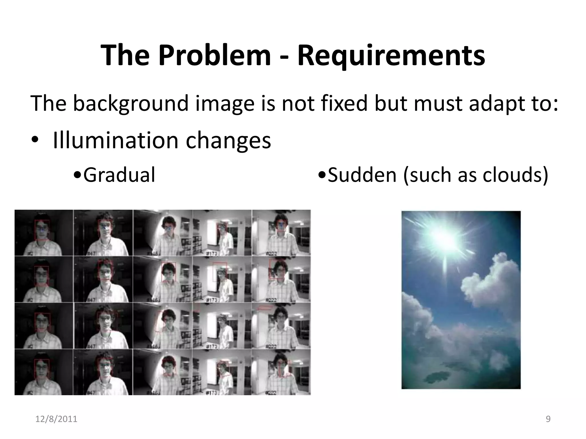 The Problem - Requirements
The background image is not fixed but must adapt to:
• Illumination changes
       •Gradual             •Sudden (such as clouds)




12/8/2011                                          9
 