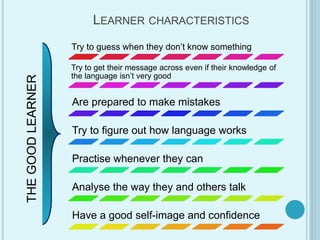 LEARNER CHARACTERISTICS
Try to guess when they don’t know something
Try to get their message across even if their knowledge of
the language isn’t very good
Are prepared to make mistakes
Try to figure out how language works
Practise whenever they can
Analyse the way they and others talk
Have a good self-image and confidence
THEGOODLEARNER
 
