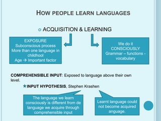 HOW PEOPLE LEARN LANGUAGES
 ACQUISITION & LEARNING
COMPREHENSIBLE INPUT: Exposed to language above their own
level.
INPUT HYPOTHESIS, Stephen Krashen
EXPOSURE
Subconscious process
More than one language in
childhool
Age  Important factor
We do it
CONSCIOUSLY
Grammar – functions -
vocabulary
The language we learn
consciously is different from de
language we acquire through
comprehensible input
Learnt language could
not become acquired
anguage.
 