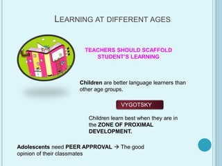 TEACHERS SHOULD SCAFFOLD
STUDENT’S LEARNING
LEARNING AT DIFFERENT AGES
Children are better language learners than
other age groups.
VYGOTSKY
Children learn best when they are in
the ZONE OF PROXIMAL
DEVELOPMENT.
Adolescents need PEER APPROVAL  The good
opinion of their classmates
 