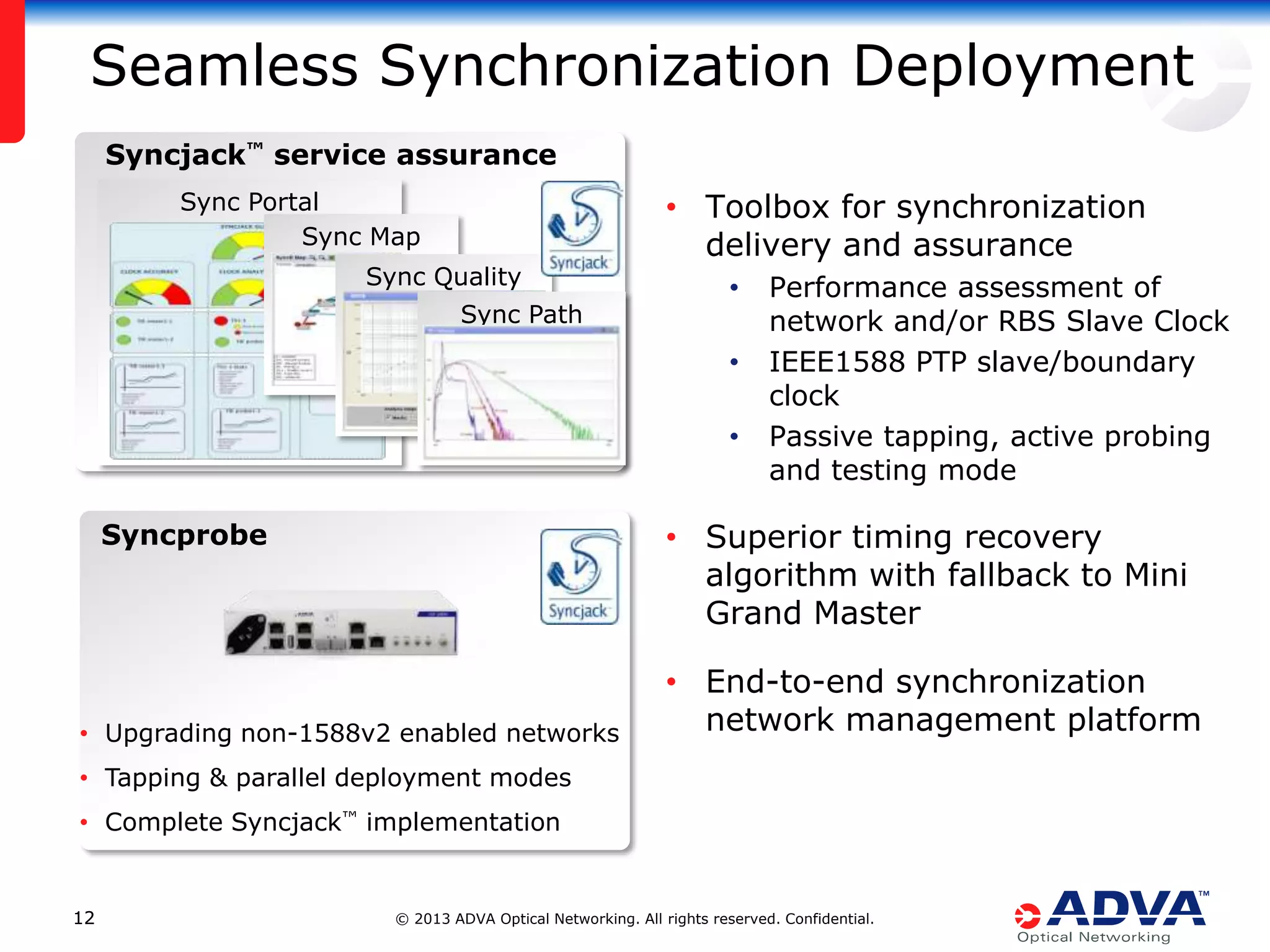 Seamless Synchronization Deployment
Syncjack™ service assurance
Sync Portal
Sync Map
Sync Quality
Sync Path

• Toolbox for synchronization
delivery and assurance
•
•
•

Performance assessment of
network and/or RBS Slave Clock
IEEE1588 PTP slave/boundary
clock
Passive tapping, active probing
and testing mode

• Superior timing recovery
algorithm with fallback to Mini
Grand Master

Syncprobe

• Upgrading non-1588v2 enabled networks

• End-to-end synchronization
network management platform

• Tapping & parallel deployment modes
• Complete Syncjack™ implementation

12

© 2013 ADVA Optical Networking. All rights reserved. Confidential.

 