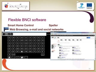 Flexible BNCI software
14
Smart Home Control Speller
Web Browsing, e-mail and social networks
 