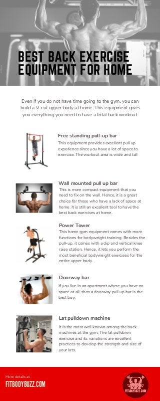 BEST BACK EXERCISE
EQUIPMENT FOR HOME
Even if you do not have time going to the gym, you can
build a V-cut upper body at home. This equipment gives
you everything you need to have a total back workout.
Free standing pull-up bar
This equipment provides excellent pull up
experience since you have a lot of space to
exercise. The workout area is wide and tall
Wall mounted pull up bar
This is more compact equipment that you
need to fix on the wall. Hence, it is a great
choice for those who have a lack of space at
home. It is still an excellent tool to have the
best back exercises at home.
Power Tower
This home gym equipment comes with more
functions for bodyweight training. Besides the
pull-up, it comes with a dip and vertical knee
raise station. Hence, it lets you perform the
most beneficial bodyweight exercises for the
entire upper body.
Doorway bar
If you live in an apartment where you have no
space at all, then a doorway pull up bar is the
best buy.
Lat pulldown machine
It is the most well known among the back
machines at the gym. The lat pulldown
exercise and its variations are excellent
practices to develop the strength and size of
your lats.
More details at
FITBODYBUZZ.COM
BEST BACK EXERCISE
EQUIPMENT FOR HOME
 