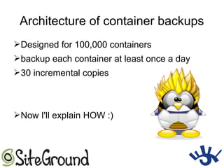Architecture of container backups
➢Designed for 100,000 containers
➢backup each container at least once a day
➢30 incremental copies
➢Now I'll explain HOW :)
 