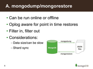 6
• Can be run online or offline
• Oplog aware for point in time restores
• Filter in, filter out
• Considerations:
– Data size/can be slow
– Shard sync
A. mongodump/mongorestore
 